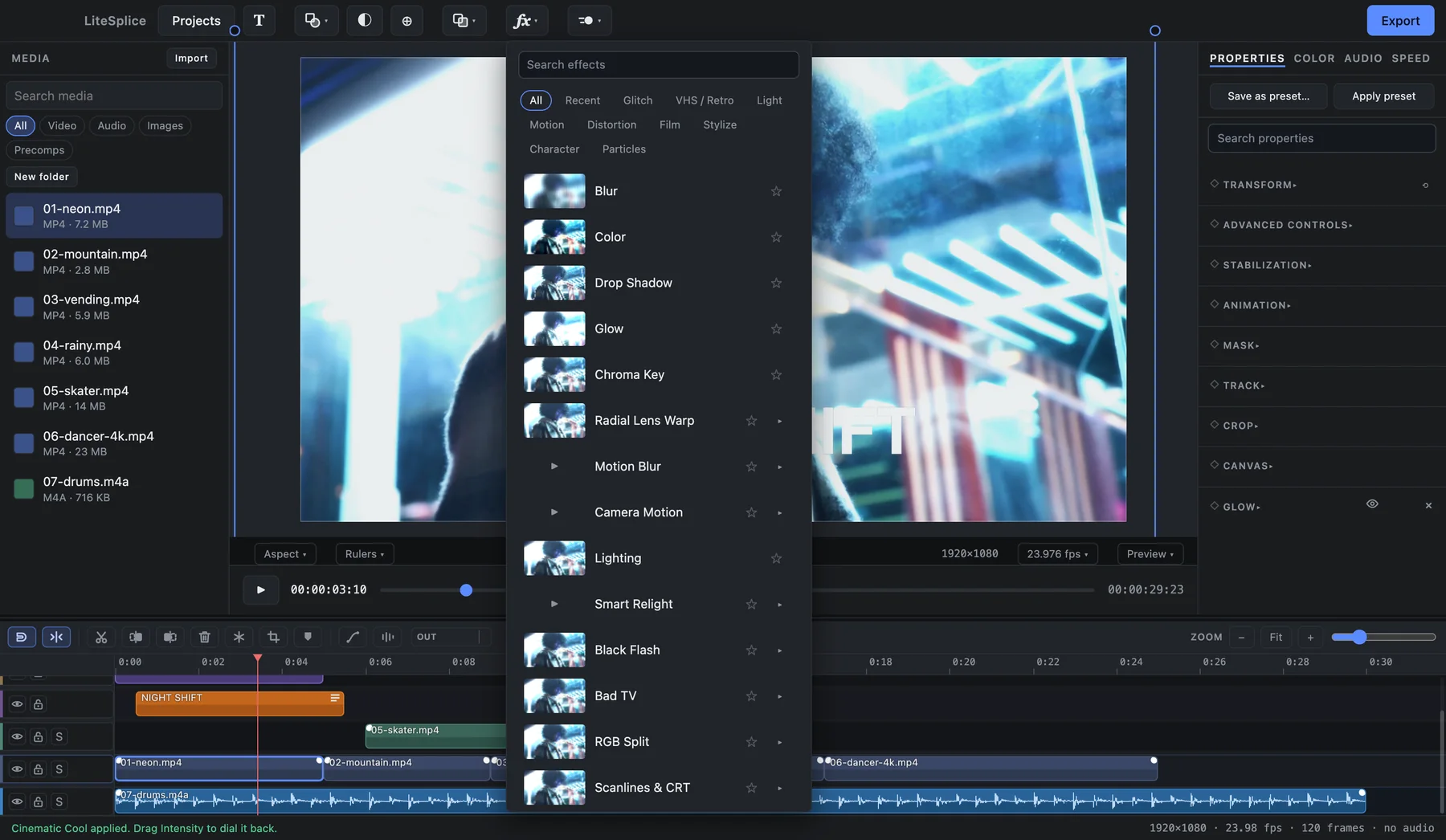 The LiteSplice effect browser open over a clip