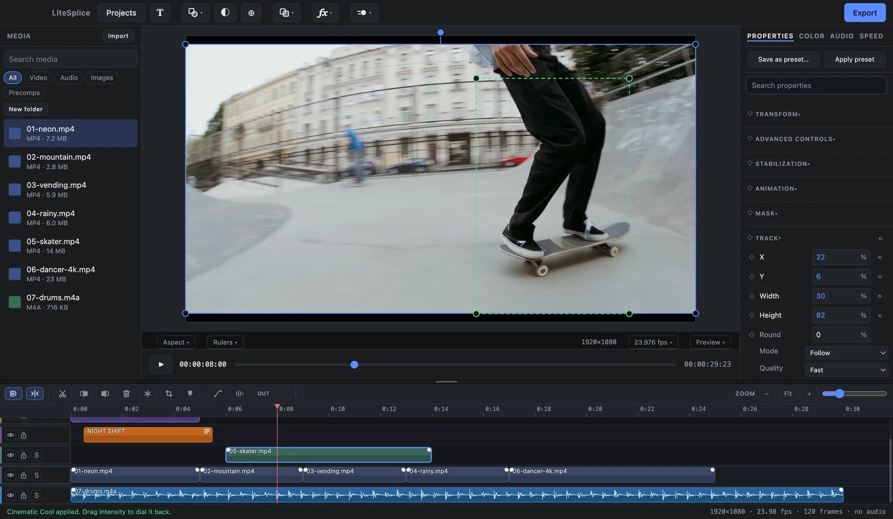 A tracking box around a moving skateboarder in LiteSplice